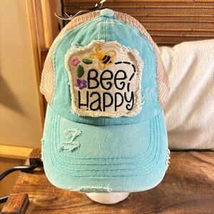 Distressed Embroidered Bee Happy Patch Pony Cap